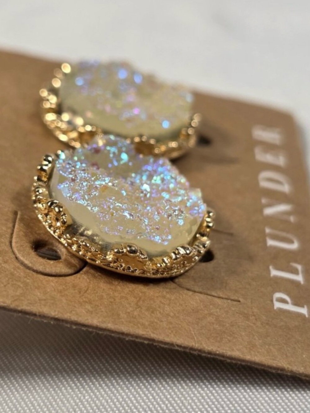 Plunder Gold-Tone Iridescent Cream Druzy Stud Earrings